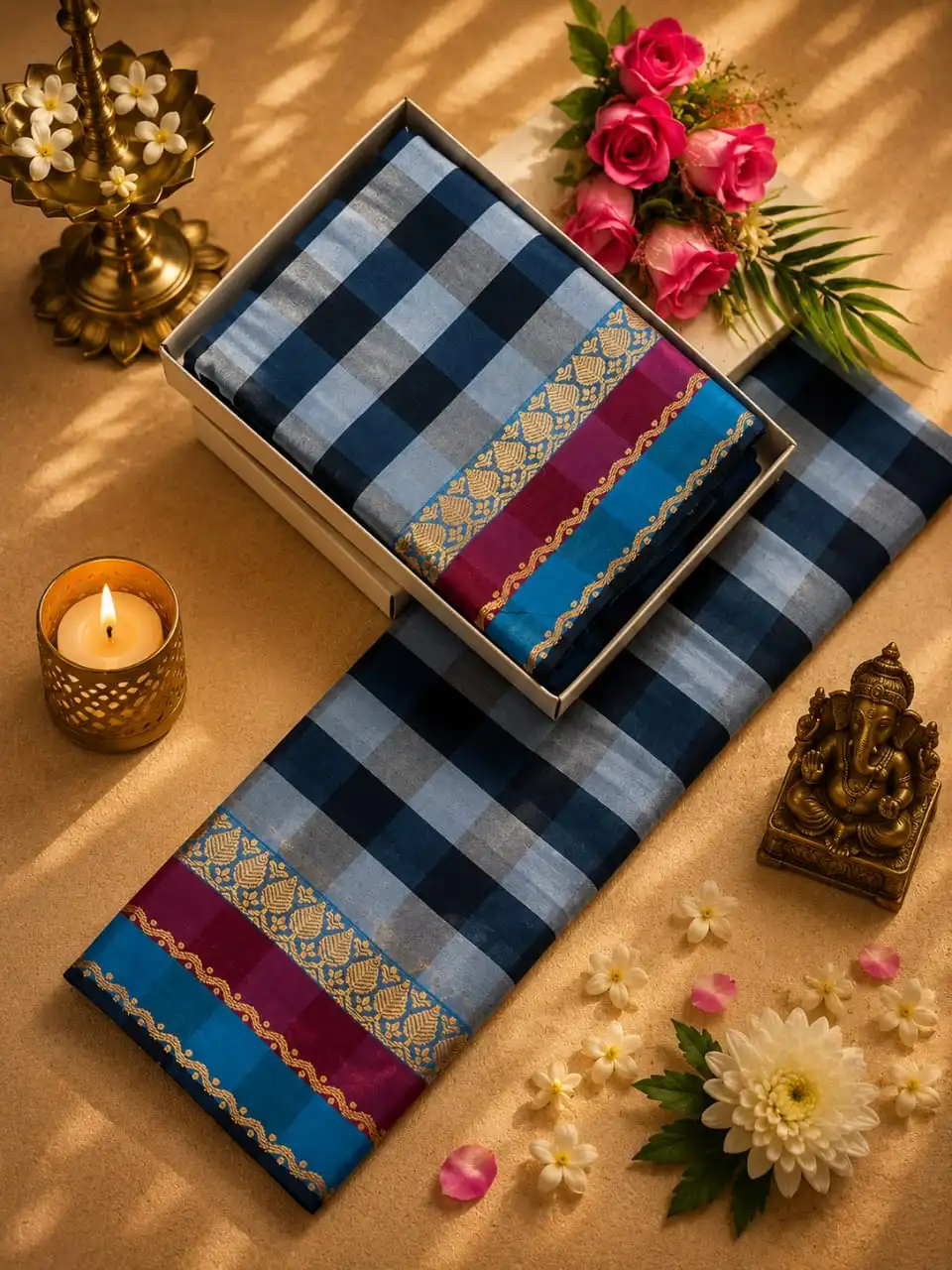 Traditional Leaf Motif Copper Jari Checked Saree
